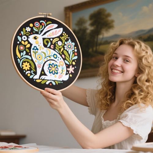 Crafmanoe Embroidery Kits for Beginners Adults, Flowers Rabbit Embroidery Starter Kits, Counted Cross Stitch Kits for Beginners Adults Hobbies Set for Women, Embroidery Hoops, Thread & Video Tutorial
