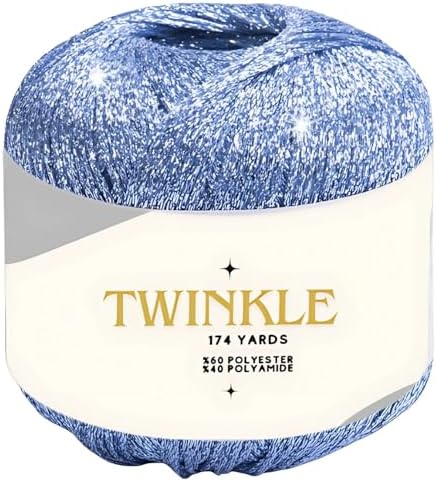 Twinkle Metallic Glitter Yarn Sparkle Fine 1 Light fingering weight worsted gold silver for Crochet Knitting, 25g 0.88oz, 175 yard Soft Craft Shawls Cardigans Bags Sparkly Lurex Silver 918