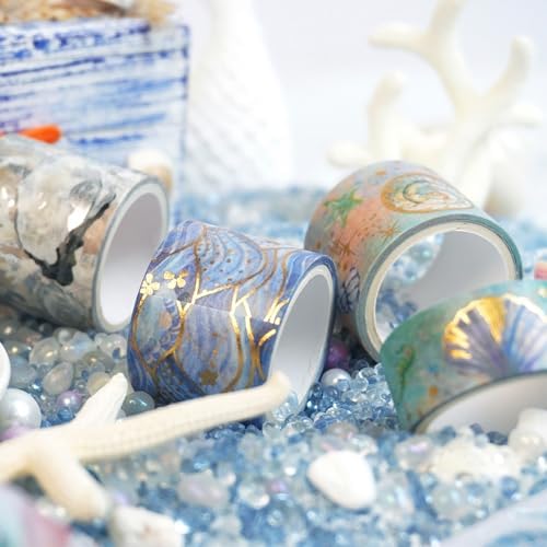 Marine Life Washi Tape Set 24 Rolls Gold Silver Foil Masking Underwater World Graphic Decorative Tapes for Arts, DIY Crafts, Journals, Planners, Scrapbook, Wrapping