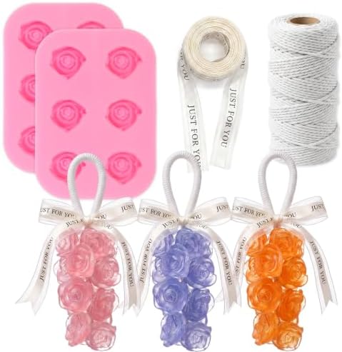 Silicone Rose Soap Mold Kit for DIY Soap Making, with Cotton Rope, Bow Ribbons, Reusable Soap Making Supplies for Crafts, Gifts & Beginners