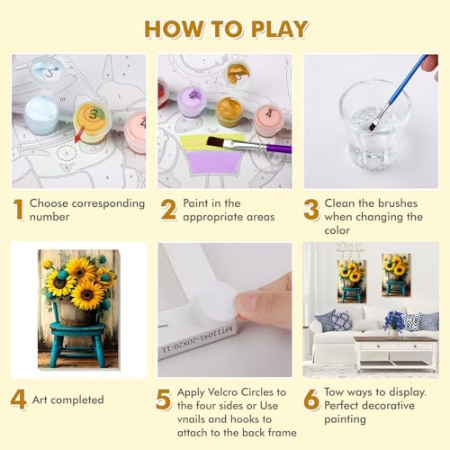 Bowetile Framed Paint by Numbers Sunflower Kit for Adults, Adults' Paint-by-Number Flowers Kits on Canvas, Painting by Numbers Chair, DIY Acrylic Number Painting for Home Wall Decor, 8x12in