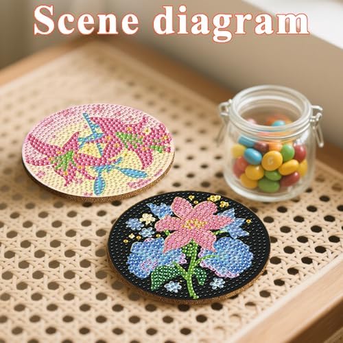 DOTSOPS 6 PCS Flowers Diamond Painting Coasters for Beginners with Holder