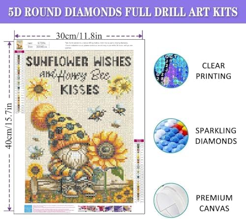 Fotasmua Gnome Diamond Painting Kits for Adults, Gnome Sunflower Bee Diamond Art Kits for Adults Beginners, 5D DIY Full Drill Round Gem Art Craft Painting for Home Wall Decor 12 x 16 Inch
