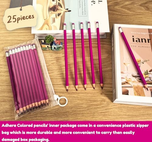 Adhere 25pcs Checking Pencils Erasable colored Pencils Pre-Sharpened #2 HB,for Checking Tests Grading,Map Coloring, editing Office Favors,including a Free sharpener. (Peony Red)