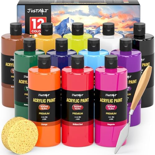 12 Colors Acrylic Paint Bottle Set (500ml/16.9oz), Large Bottles Acrylic Paint Kit, Rich Pigmented Bulk Painting Supplies for Artists, Beginners and Adults on Rocks Canvas Crafts Wood Ceramic Fabric