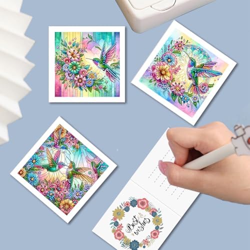 Diamond Art Cards with Envelopes–6PCS DIY Diamond Painting Greeting Cards Kit | Card Making Kit with Bling for Adults & Beginners | Birthday,Holiday & Thank You Cards (Flower Hummingbird)