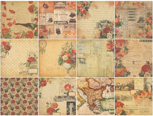 Vintage Scrapbook Paper 12 ×12 - 24Sheets Double-Sided Valentine's Day Rose Patterned Paper Junk Journaling Scrapbooking CardStock Papers Pad for Cardmaking DIY Origami Craft Papers.
