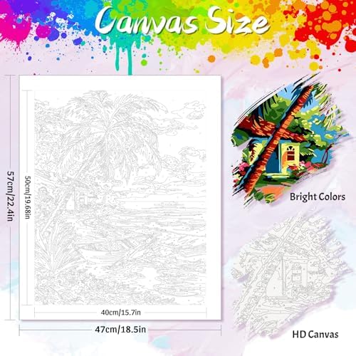 Yunnuo Landscape Paint by Numbers Kit for Adults Beginner,Beach Adult Paint by Numbers on Canvas with Acrylic Paint and 3 Brush,Cottage-Wooden Boat Painting by Numbers for Home Decor Gifts(20x16 inch)