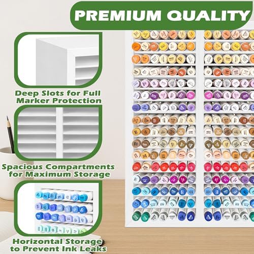 PROLEE Marker Organizer for 224 Markers, Wooden Alcohol Marker Holder with 32 Compartments, Horizontal Art Pen and Pencil Storage Rack for Desk, Classroom and Studio, White