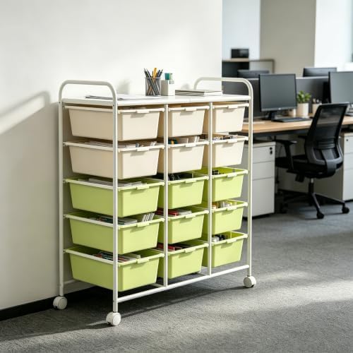 15-Drawer Rolling Storage Cart with Wheels, 2-Color Plastic Drawer Cart | Mobile Organizer Cart, Utility Storage Trolley for Office, Living Room, Craft Room, Bathroom, and Home Organization