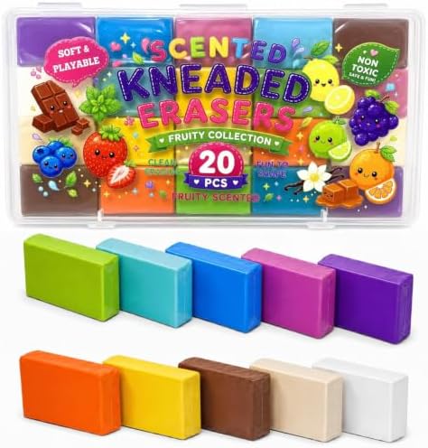 Scented Kneaded Erasers, 10 Colors & 10 Scents, Soft Kneadable Erasers for Drawing, Sketching, Graphite & Charcoal, Putty Eraser with Individual Storage Cases (20, 10 Colors)