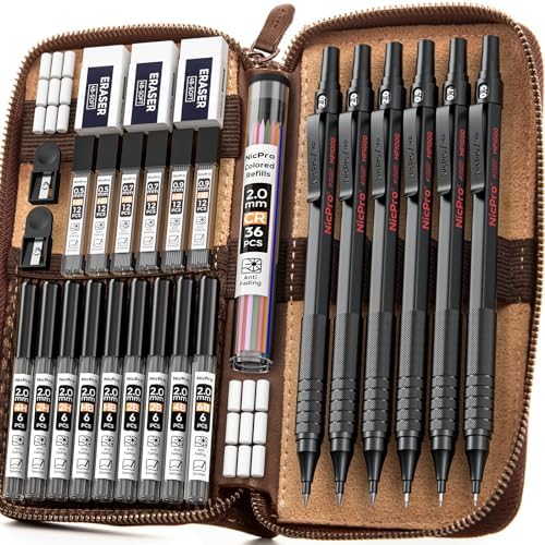 Nicpro 30PCS Black Metal Mechanical Pencil Set in Leather Case | Art Drafting Pencil 0.5-0.9 mm, 2mm Lead Pencil Holders for Sketching Drawing, 16 Tube (6B 4B 2B HB 2H 4H Colors)Lead Refills