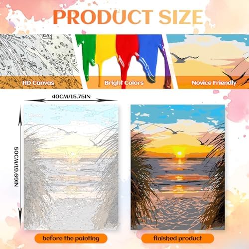 Paint by Numbers Kit for Adults, Beach Sunset Art for Beginners, 16x20 Inch