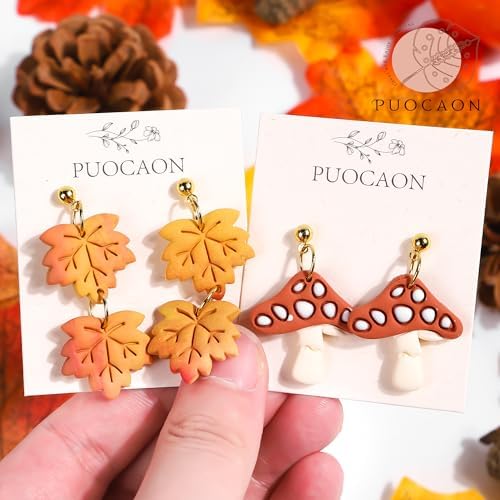 Puocaon Fall Polymer Clay Cutters - 15 Pcs Fall Themed Pumpkin Maple Leaf Mushroom Owl Fox for Earrings Jewelry Making Autumn Clay Earrings Cutters