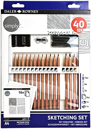 Daler Rowney Simply Sketching Pencils Technique Set, 40 Sketching Products, Ideal for Entry-Level Artists & Hobbyists