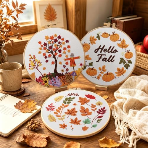 5 Sets Fall Embroidery Kits for Beginners, Autumn Pumpkins and Maple Leaves Embroidery Starter Kit for Adults Thanksgiving Gifts with Stamped Pattern DIY Needlepoint Kit Cross Stitch Set with 2 Hoops