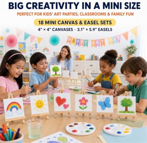 18-Set Mini Canvas Boards with Easels, 4 x 4 Inch, Paint Party