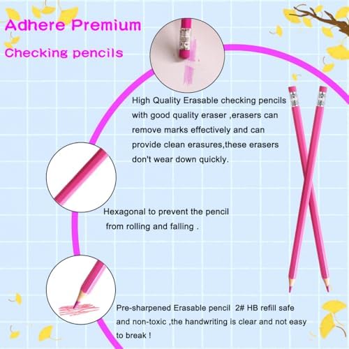 Adhere 25pcs Checking Pencils Erasable colored Pencils Pre-Sharpened #2 HB,for Checking Tests Grading,Map Coloring, editing Office Favors,including a Free sharpener. (Pink)