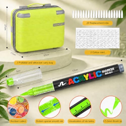 408 Acrylic Paint Markers with Storage Box, Soft Brush Tip Acrylic Paint Pens + 20 Refills, No Bleed Quick-Dry Waterproof Acrylic Markers Set for Rock Painting, Canvas, Wood, Glass, Crafts