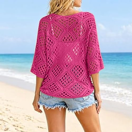 Bohemian Crochet Tops for Women 3/4 Sleeve V-Neck Open Knit Pullover Beach Cover Ups Hollow Out Boho Vacation Blouse