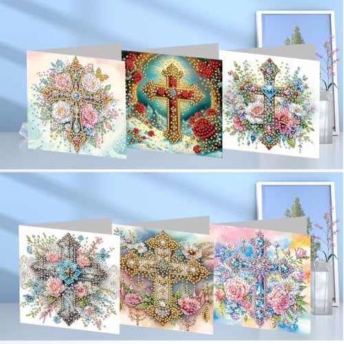 Diamond Art Cards with Envelopes–6PCS DIY Diamond Painting Greeting Cards Kit | Card Making Kit with Bling for Adults & Beginners | Birthday,Holiday & Thank You Cards (Flower and Cross)