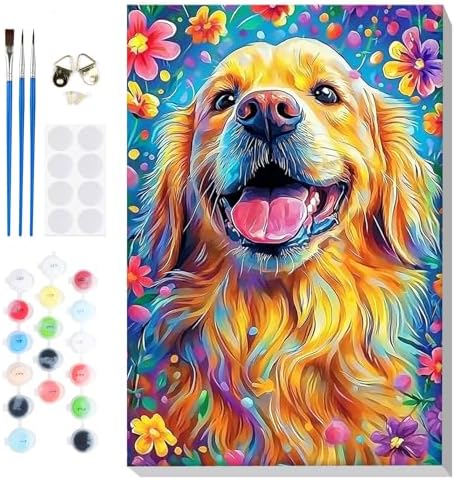 Bowetile Framed Paint by Numbers Dog for Adults Beginners, Adults' Paint-by-Number Dog Kits, Easy Adult Paint by Number Kits on Canvas, Acrylic Animals Number Painting for Home Decor, 8x12in