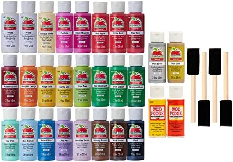 Apple Barrel, PROMOABMP22 Holiday Acrylic Paint Set, 32 Piece, 26 Apple Barrel Paints, 2 Mod Podge Acrylic Sealers and 4 Foam Brushes