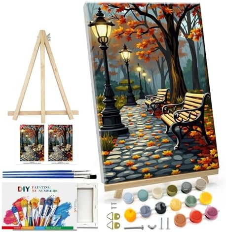 ATDMS Paint by Numbers Kit for Adults with Frame Autumn Landscape Paint by Number with Easel Forest Adult Paint by Number Kits Framed Canvas DIY Acrylic Oil Painting kits for Home Wall Decor 8x12 Inch