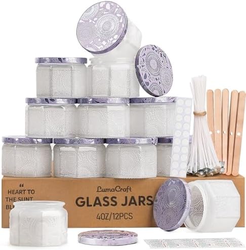 LumaCraft 12 Pack 4oz Glass Candle Jars with Lids, Hexagon Embossed Candle Making Containers, Empty Candle Jars with 20 Wicks & Labels for DIY Candle Making, Party Favors, Home Decor