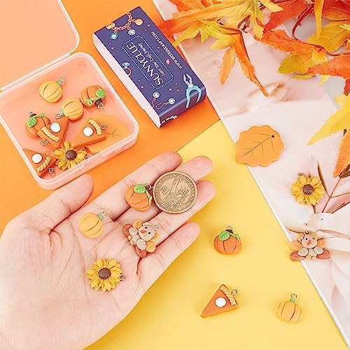 SUNNYCLUE 1 Box 24Pcs Thanksgiving Charms Leaf Charm Handmade Polymer Clay Fall Autumn Animal Turkey Pizza Pumpkin Sunflowers Flatback Pendants for Jewelry Making Findings DIY Craft Supplies
