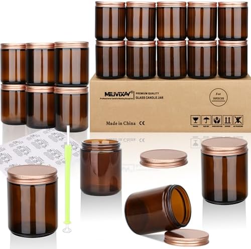 MILIVIXAY 20 Pack 8 OZ Thick Glass Dark Amber Candle Jars with Rose Gold Lids-Bulk Empty Candle Jars for Making Candles-Canning Jar for Spice, Liquid, Sample- Dishwasher Safe.