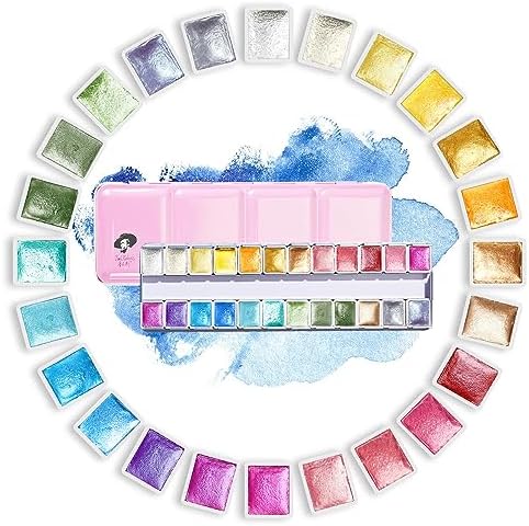 Paul Rubens Artist Watercolor Paints-Metallic Glitter Solid Colors-Pink Portable Metal Case with Palette-24 Color Set Sparkle Watercolor