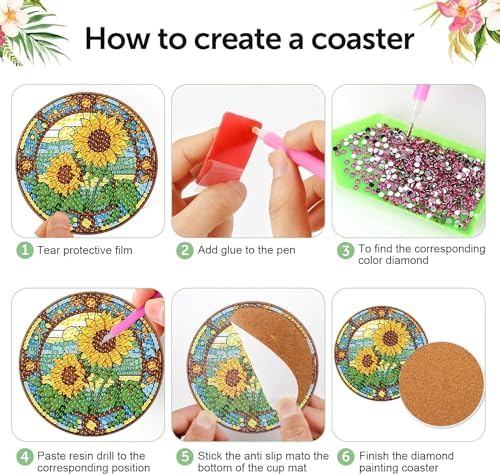 Diamond Art Coasters Kit, 8 Pieces Sunflowers Diamond Painting Coasters Kit