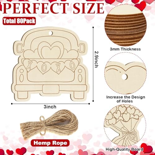 80PCS Wooden Heart Ornaments to Paint Valentine's Day Craft,10 Styles DIY Blank Unfinished Wood Heart Cutouts Ornament for Crafts Spring Tree Hanging Decorations Love