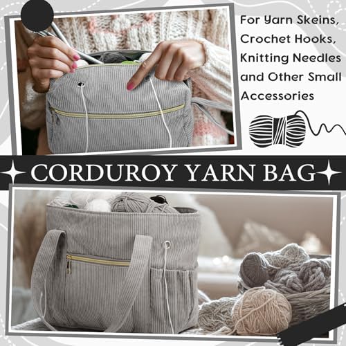 Bulyoou 2 Pcs Crochet Tote and Yarn Bag Set Corduroy Yarn Holder,Grey
