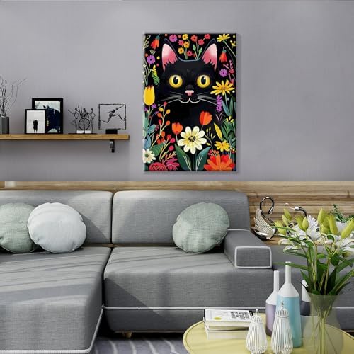 JOOZ Paint by Numbers Kit for Adults with Frame, Black Cat Paint by Number with Easel, DIY Flowers Oil Painting by Numbers Black Cat, Easy Adult Paint by Number Kits Canvas for Wall Decor 8x12 Inch