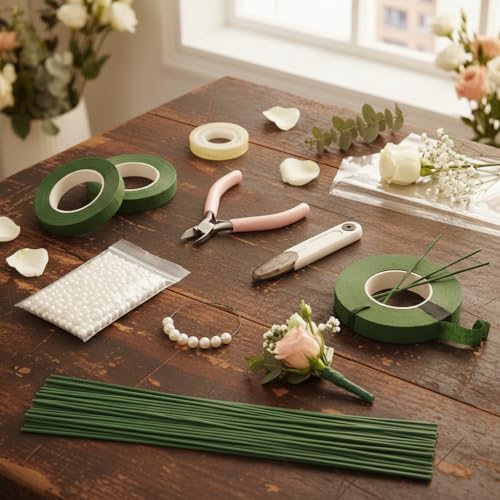DIY Handmade Floral Art Tool Set, Money Flower Bouquet Making Kit Including ABS Pearls, Metal Wire, 2-Millimeter Diameter Flower Stems, Scissors, Pliers and Green Tape