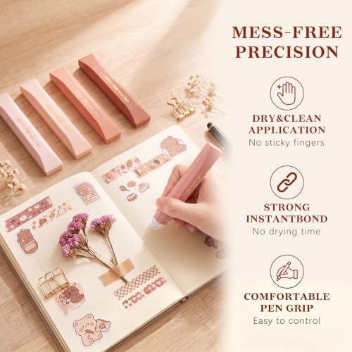 Temiary 4 Pack Double Sided Tape Pen, 16.4 Ft x 0.24 Inch Scrapbook Tape Roller for Crafts, Aesthetic Adhesive Glue Tape Pens for Scrapbooking School Office Journaling Supplies (Pink)