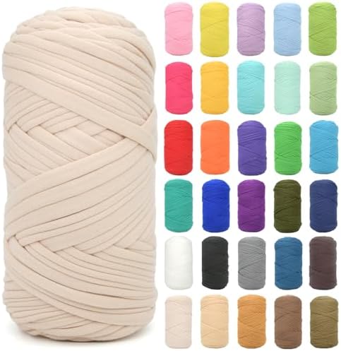Tshirt Yarn for Crocheting,Beige T Shirt Chunky Elastic Fabric Thick T-Shirt Crochet Yarn for Beginners Crocheting Hand Knitting Bag/Basket/Coasters/DIY Crafts/Home Decor 200G(Beige
