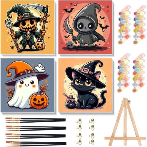 SUJINMEI 4 Pack Halloween Paint by Numbers Kit for Kids with Frame 8x8 inch