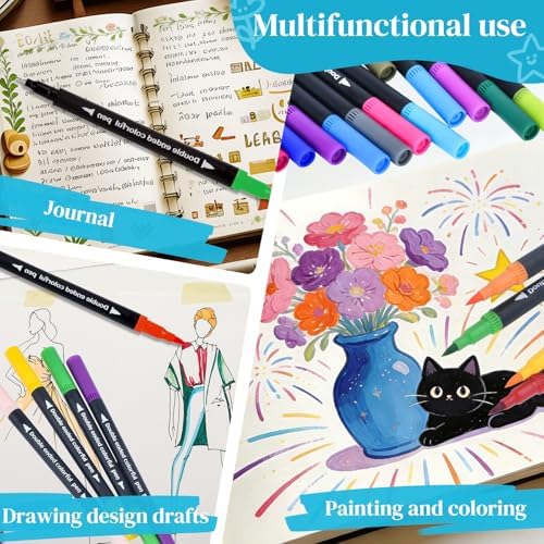 24Color Dual-Tip Art Markers Set, Fine & Brush Tips for Adult Coloring Books, Watercolor & Drawing Pens, Artist Marker Pens for Illustration, Sketching, Journal