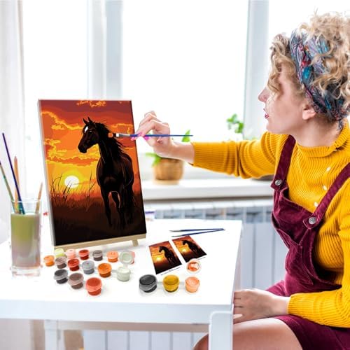 JOOZ Horse Paint by Numbers Kit for Adults with Frame Sunset Paint by Number with Easel Adult Paint by Number Kits Framed Canvas Oil Painting Kits for Home Wall Decor 8x12 Inch