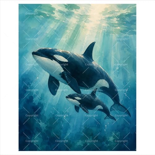 Marine Wildlife Digital Painting Kit for Adults - DIY Orca Whale Mother and Calf Oil Painting on Canvas 16x20 Inches, Acrylic Paint Kit, Good for Beginners, Coastal Home Decor or Gift Artwork