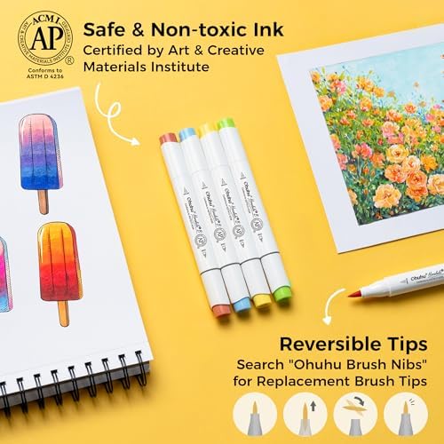 Ohuhu Alcohol Markers Brush& Fine 48 Mid-tone Colors for Adults Coloring