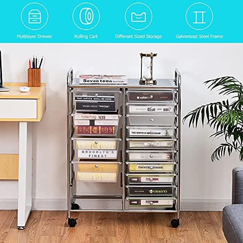 GOFLAME 15-Drawer Rolling Storage Cart, Craft Storage Cart with Removable Drawers & Lockable Wheels, Art Cart Supply Storage Organizer for Home Office Classroom, Clear