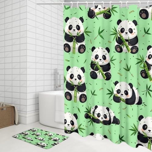 Cartoon Kawii Baby Panda Shower Curtain Sets 4 Piece,Cute Spring Forest Bamboo Trees Bathroom Decor Sets with Rugs,Funny Animal Panda Bears Waterproof Toilet Lid Cover Bath Mat