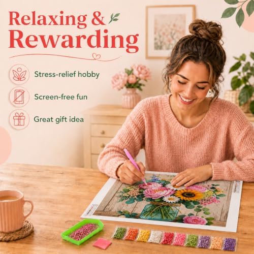 DPDP Diamond Art Kits for Adults - 5D Full Round Drill Flower Bouquet Craft with Tools, DIY Gem Artwork for Beginners, Home Wall Decor, 11.8 x 15.7 inch
