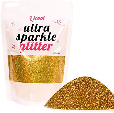 Holographic Extra Fine Glitter Powder, 100g Craft Glitter for Epoxy Resin, Iridescent Sequins, Loose Glitter for Face Body Hair Eye, Cosmetic Glitter for Festival Decoration (Laser Gold)