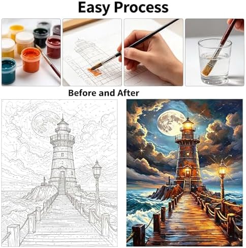 Paint by Numbers Kit for Adults - Ocean Lighthouse at Moonlight, DIY Paint by Number, Oil Painting Style Canvas, Paint by Numbers for Adults, Beginner Friendly Wall Decor Kit