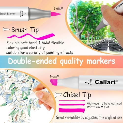 Caliart 51 Colors Alcohol Markers Brush Tip, Art Markers for Adult Coloring | Brush & Chisel Permanent Colored Markers Sketch Pens with Case Art Supplies Gifts for Beginners Artists Drawing Illustration